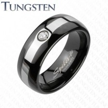 Tungstenový čierny prsteň - pás v striebornej farbe, zirkón