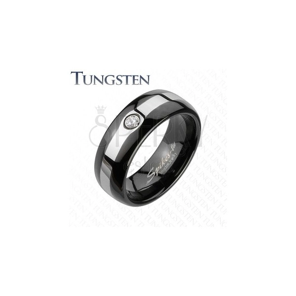 Tungstenový čierny prsteň - pás v striebornej farbe, zirkón