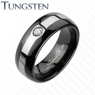 Tungstenový čierny prsteň - pás v striebornej farbe, zirkón - Veľkosť: 67 mm