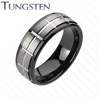 Tungstenový brúsený prsteň, čierne okraje - Veľkosť: 61 mm