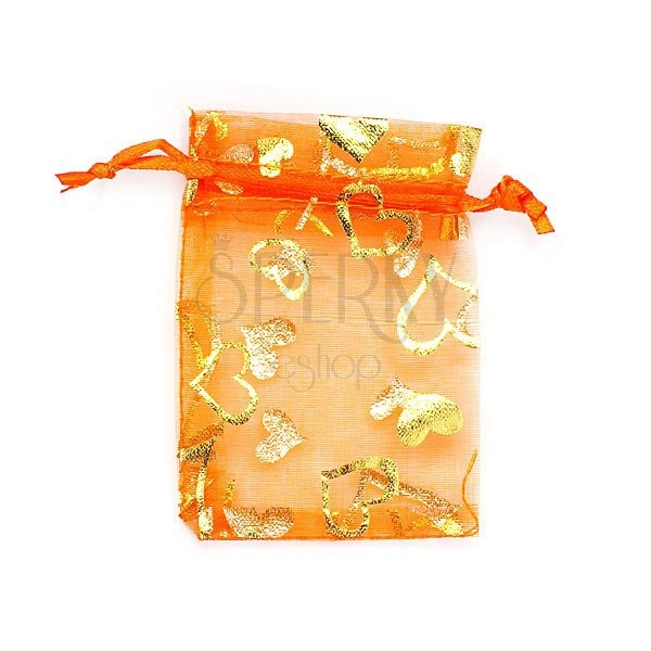 Darčekové vrecúško - oranžové, srdiečka zlatej farby