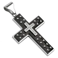 Oceľový prívesok - trojitý kríž čierno-striebornej farby s nitmi, zirkóny
