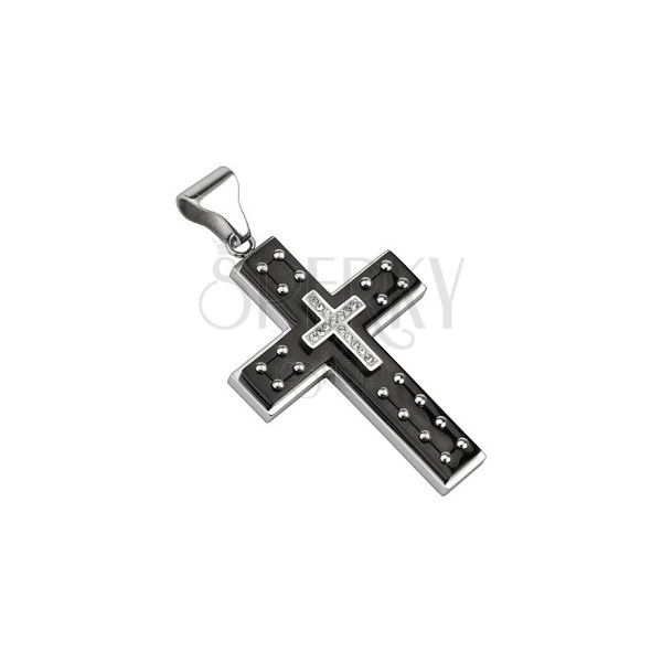 Oceľový prívesok - trojitý kríž čierno-striebornej farby s nitmi, zirkóny