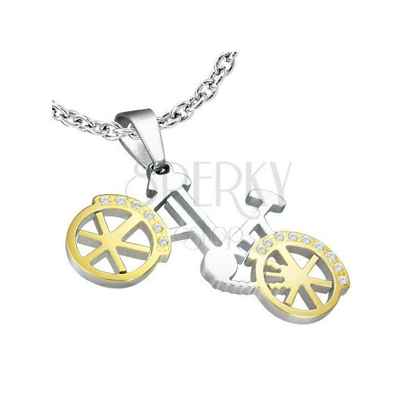 Prívesok - bicykel strieborno-zlatej farby, drobné zirkóny