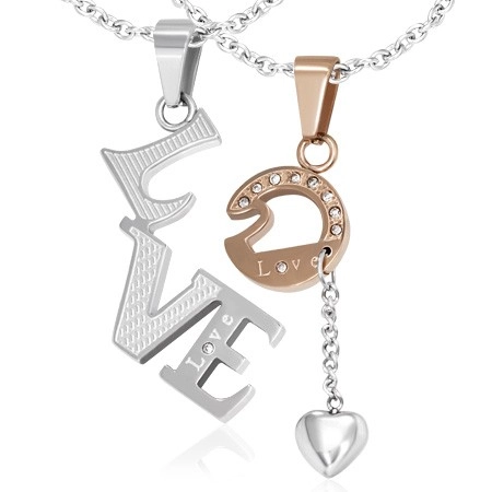 E-shop Šperky Eshop - Oceľový dvojprívesok - Love, zirkóny, srdiečko na retiazke R18.10