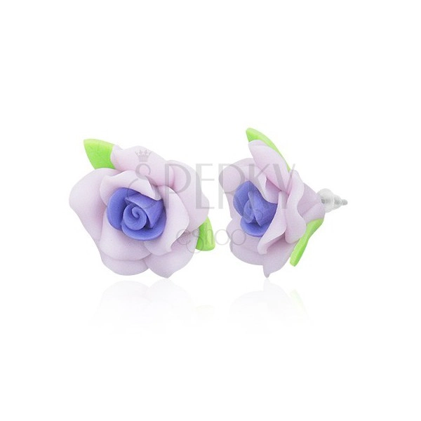 Puzetové FIMO náušnice - fialové ružičky s lístkami