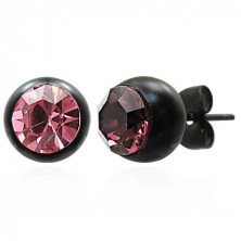 Puzetové oceľové náušnice, čierna objímka, ružový stred, 8 mm