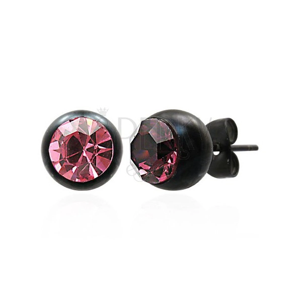 Puzetové oceľové náušnice, čierna objímka, ružový stred, 8 mm