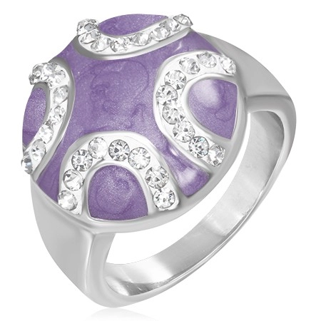 Oceľový prsteň - vypuklý fialový kruh, zirkónové polmesiace - Veľkosť: 52 mm