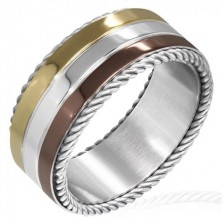 Trojfarebný prsteň z ocele - točené lanko na okraji