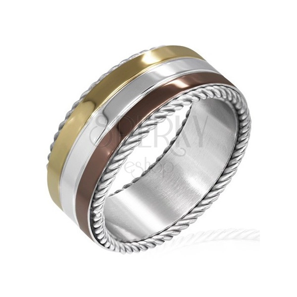Trojfarebný prsteň z ocele - točené lanko na okraji