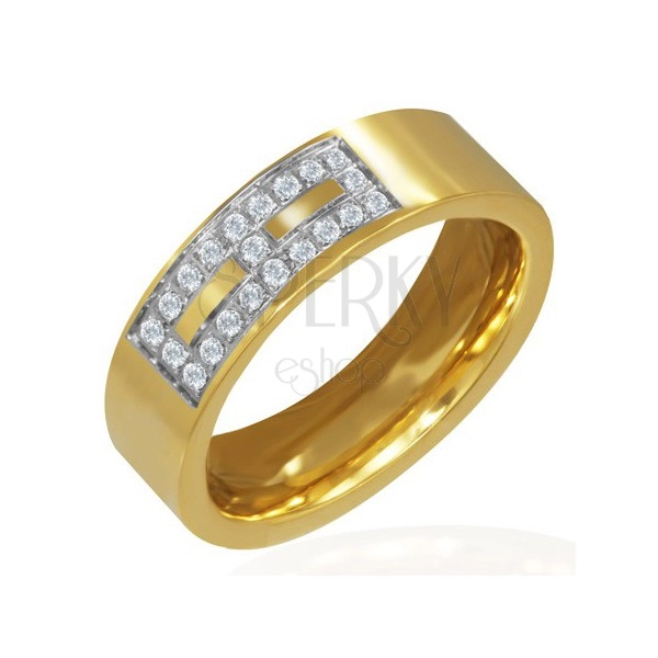 Oceľový prsteň zlatej farby - zirkónový vzor