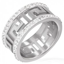 Lesklý oceľový prsteň s výrezom - grécky symbol, žiarivé pásy