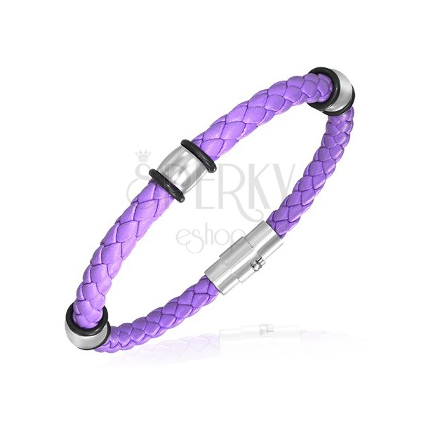 PVC pletený náramok - oceľové krúžky, fialový