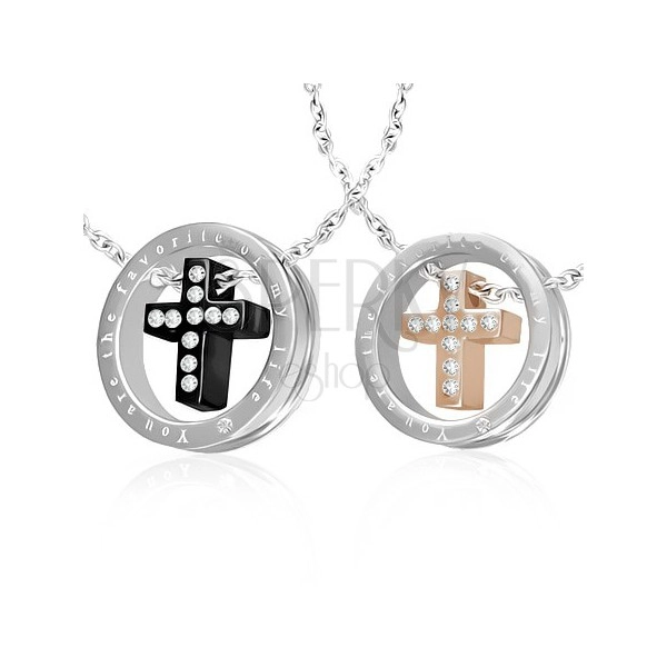 Prívesky pre dvojicu - kríž so zirkónmi v kruhu, čierna a zlatá farba
