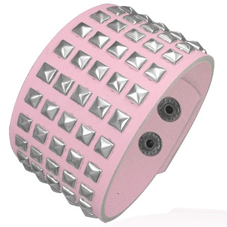 E-shop Šperky Eshop - Ružový koženkový náramok - kovové pyramídy U16.3
