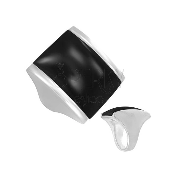 Mohutný oceľový prsteň - čierny kameň, obdĺžnik