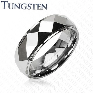 Tungstenový prsteň so skosenými kosoštvorcami, strieborná farba - Veľkosť: 67 mm