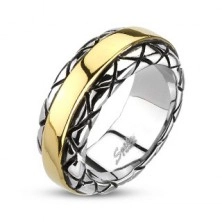 Prsteň z ocele - stred zlatej farby, vzorované okraje