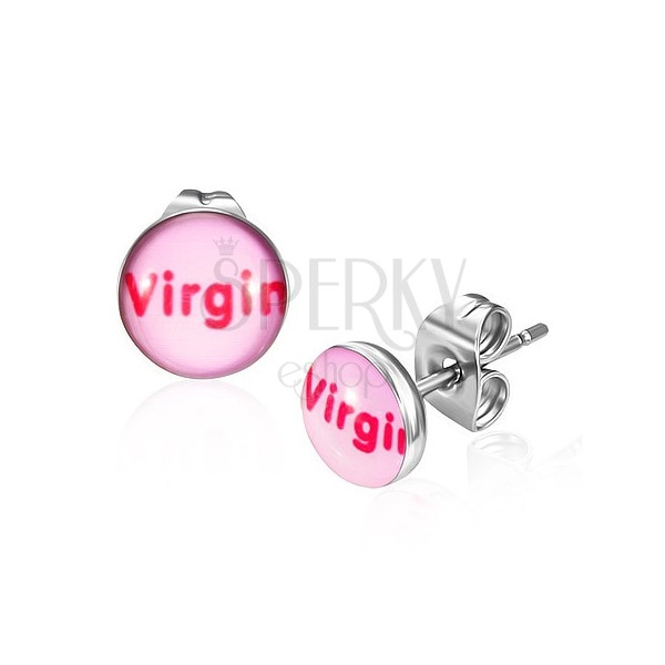 Oceľové náušnice - ružové s nápisom Virgin