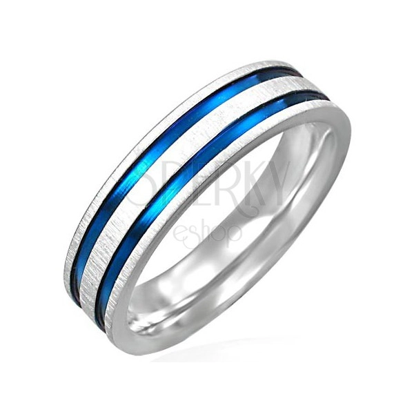 Oceľový prsteň matný s dvoma modro - fialovými pásmi