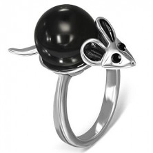 Prsteň z ocele - myška čierno-striebornej farby