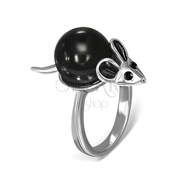 Prsteň z ocele - myška čierno-striebornej farby