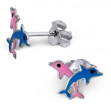 Strieborné náušničky 925 - ružový a modrý delfín