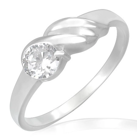 Zásnubný prsteň z ocele - trblietavý zirkón, vlnky - Veľkosť: 51 mm