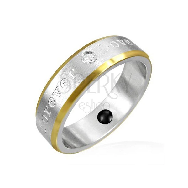 Magnetický prsteň z ocele - okraje zlatej farby, romantické gravírovanie