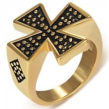Pečatný prsteň z ocele zlatej farby - Maltézsky kríž