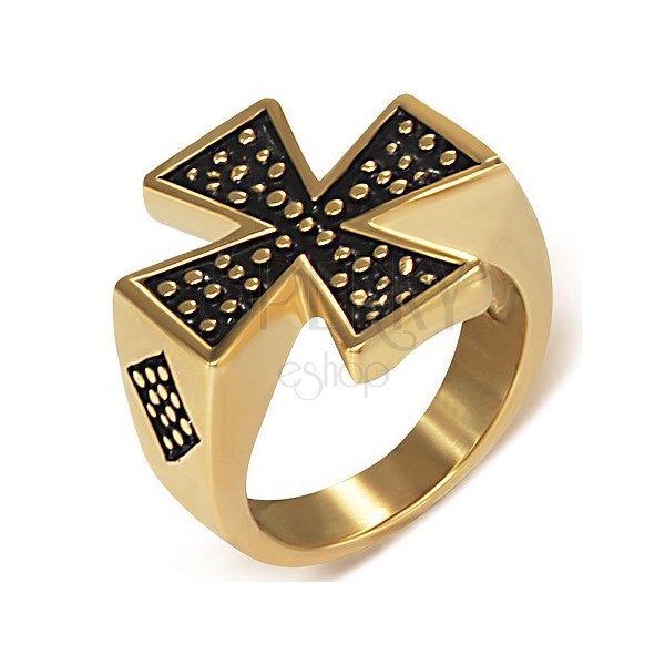 Pečatný prsteň z ocele zlatej farby - Maltézsky kríž