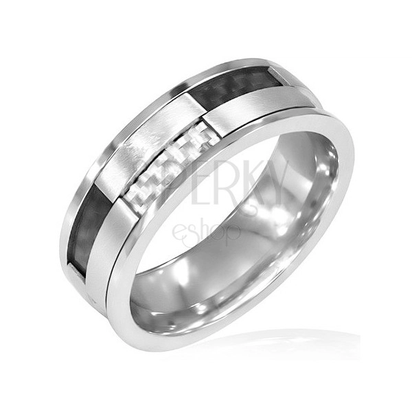 Otáčavý prsteň z ocele - biele a čierne karbónové vlákna