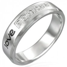 Oceľový prsteň - nápis "love", šesť zirkónov