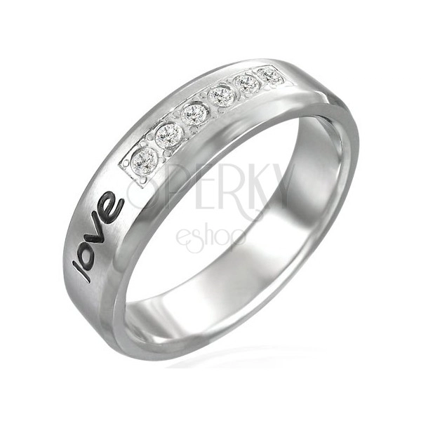 Oceľový prsteň - nápis "love", šesť zirkónov
