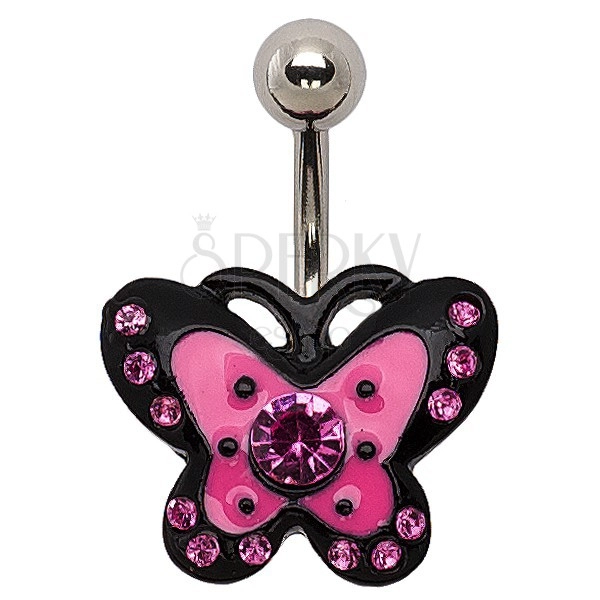 Piercing do pupku - ružový motýľ s čiernym lemom, ružové zirkóny
