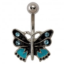 Piercing motýlik - čierna, modrá a strieborná farba, zirkóny