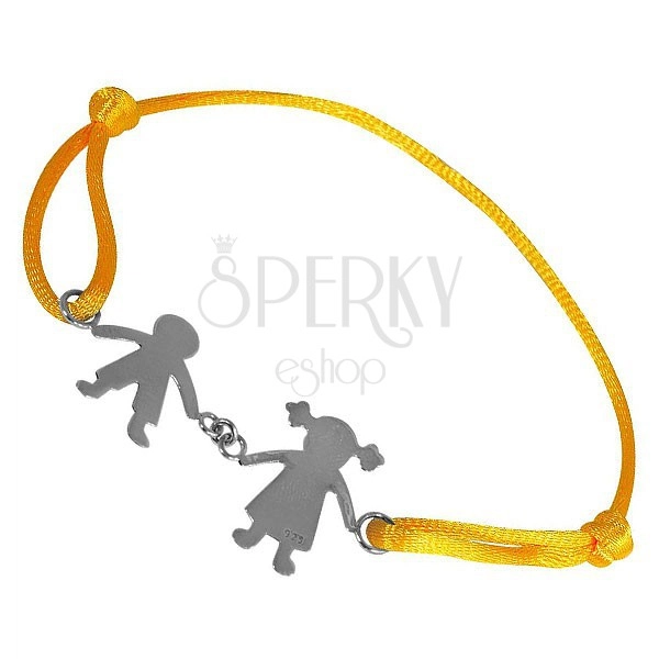Náramok zo striebra 925 - chlapec a dievča na žltej šnúrke, spojení rukami