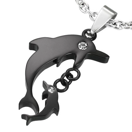 E-shop Šperky Eshop - Čierny prívesok z chirurgickej ocele, veľký a malý delfín so zirkónmi G6.15
