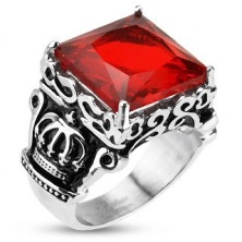 Oceľový prsteň - kráľovská koruna, červený zirkón