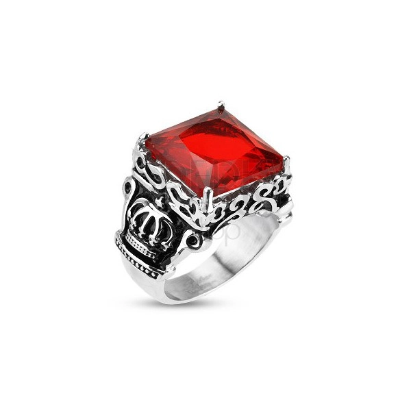 Oceľový prsteň - kráľovská koruna, červený zirkón
