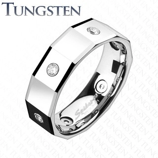 Hranatý volfrámový prsteň so štvorcami a zirkónmi - Veľkosť: 55 mm