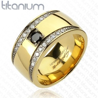 Prsteň z titánu zlatej farby so zirkónovými polmesiacmi - Veľkosť: 64 mm