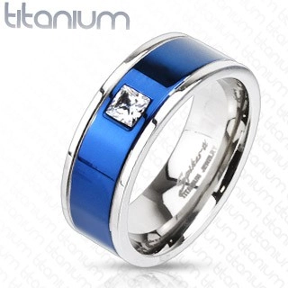 Titánový prsteň s modrým pruhom a štvorcovým zirkónom - Veľkosť: 67 mm