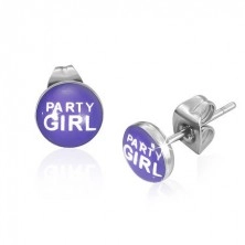 Náušničky z ocele s nápisom Party Girl, fialové
