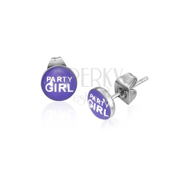 Náušničky z ocele s nápisom Party Girl, fialové