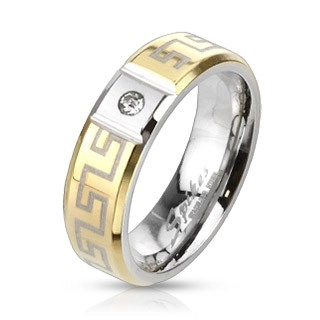 Oceľový prsteň s gréckym vzorom - so zirkónom - Veľkosť: 49 mm