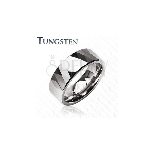 Tungstenový prsteň - lesklé kosoštovrce a trojuholníky, strieborná farba