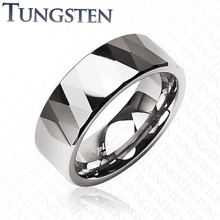 Tungstenový prsteň - lesklé kosoštovrce a trojuholníky, strieborná farba - Veľkosť: 57 mm