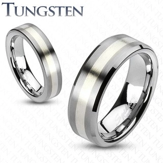 Wolfrámový prsteň - matný šedý s pásom striebornej farby - Veľkosť: 49 mm, Šírka: 5 mm